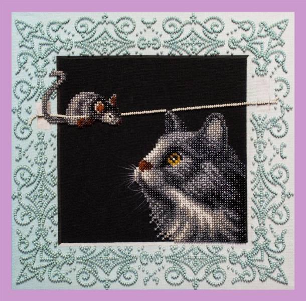 Bead embroidery kit Cat and mouse hand embroidery needlework kit